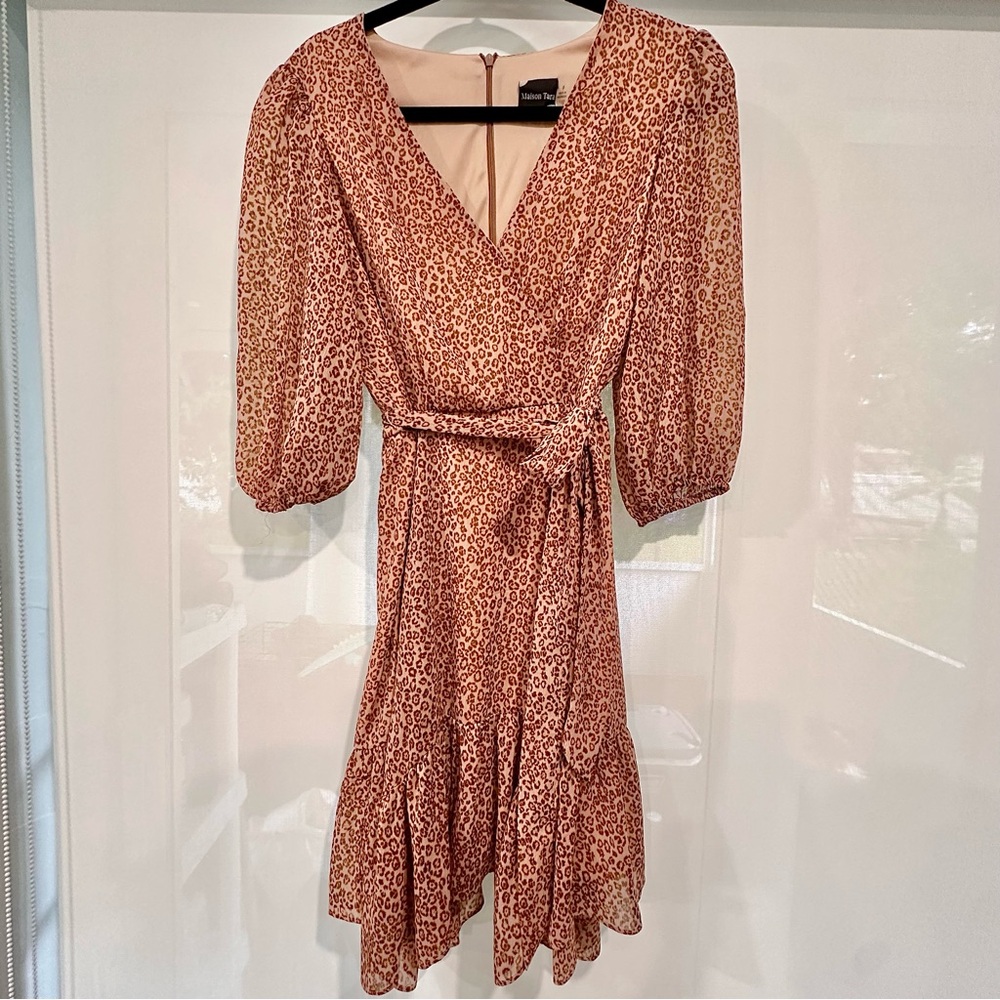 Maison Tara Leopard Animal Print Wrap Flounce Hem fit and flare Dress size 8